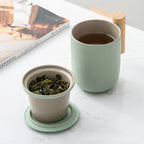 Tea Separation Mug Ceramic Frosted Tea Cup  Wooden Handle Mug With Lid Filtration