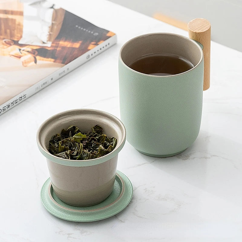 Tea Separation Mug Ceramic Frosted Tea Cup  Wooden Handle Mug With Lid Filtration