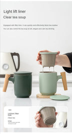 Tea Separation Mug Ceramic Frosted Tea Cup  Wooden Handle Mug With Lid Filtration