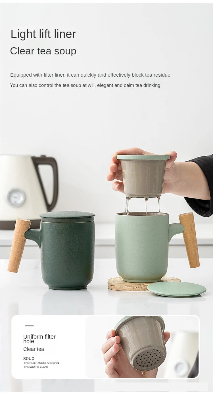 Tea Separation Mug Ceramic Frosted Tea Cup  Wooden Handle Mug With Lid Filtration