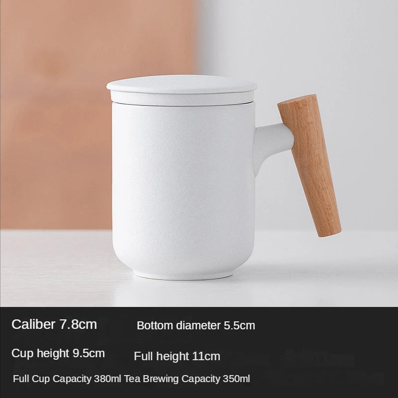 Tea Separation Mug Ceramic Frosted Tea Cup  Wooden Handle Mug With Lid Filtration