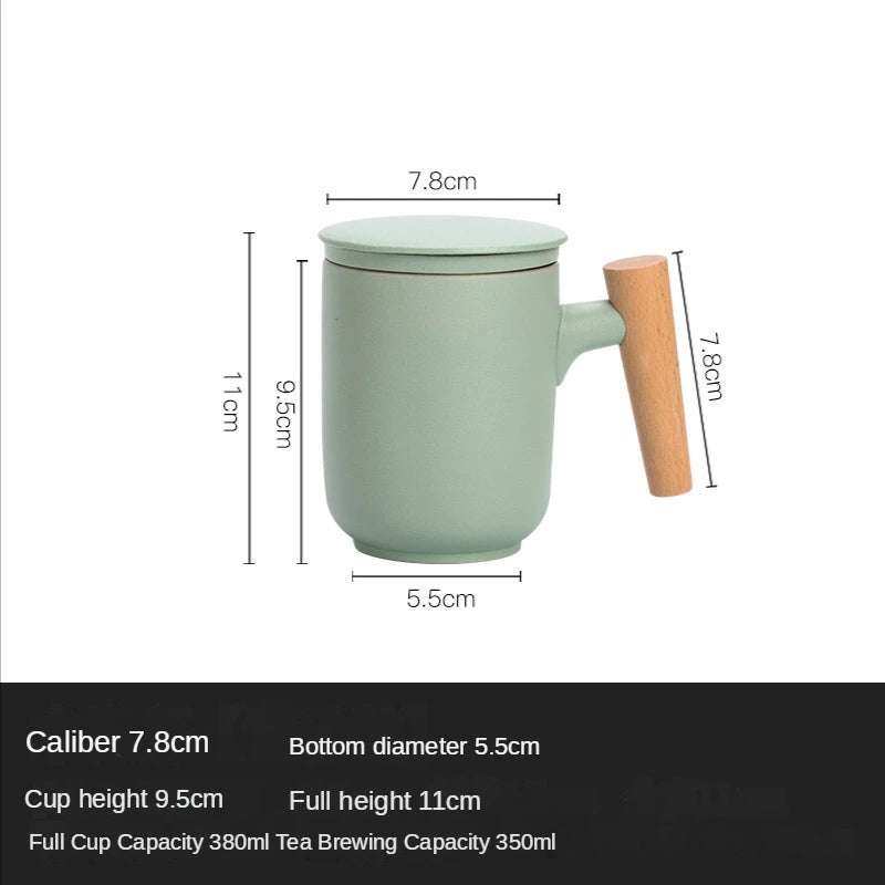 Tea Separation Mug Ceramic Frosted Tea Cup  Wooden Handle Mug With Lid Filtration