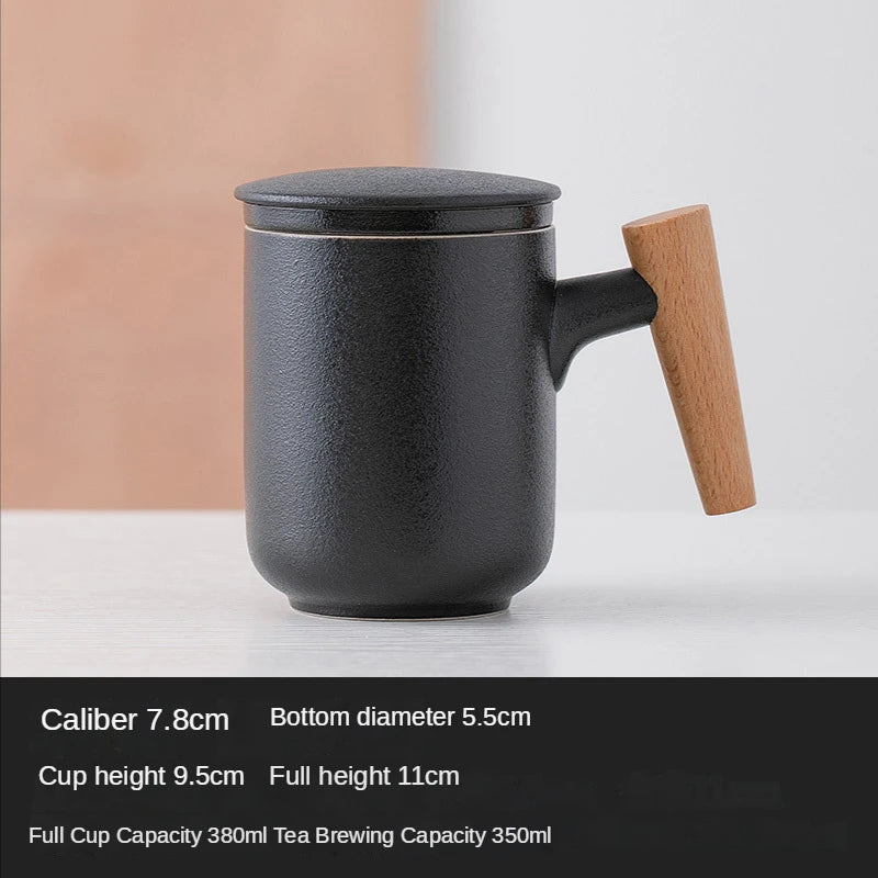 Tea Separation Mug Ceramic Frosted Tea Cup  Wooden Handle Mug With Lid Filtration