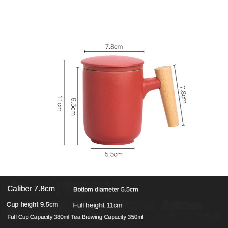 Tea Separation Mug Ceramic Frosted Tea Cup  Wooden Handle Mug With Lid Filtration