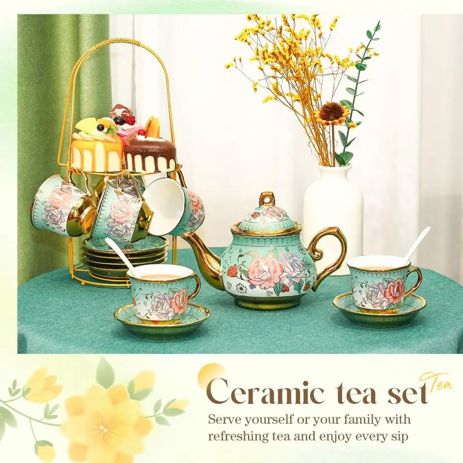 Porcelain Tea Set with Metal Holder