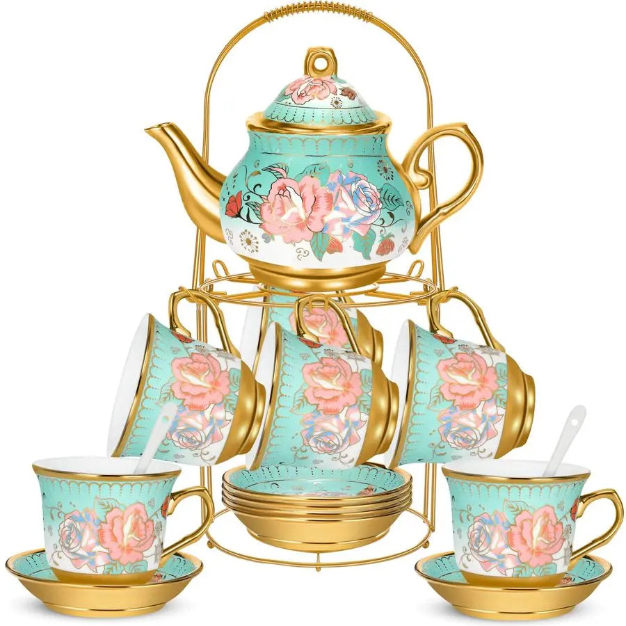 Porcelain Tea Set with Metal Holder