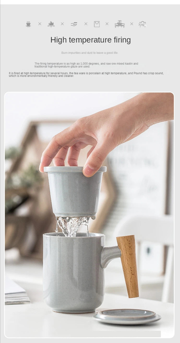 Tea Separation Mug Ceramic Frosted Tea Cup  Wooden Handle Mug With Lid Filtration