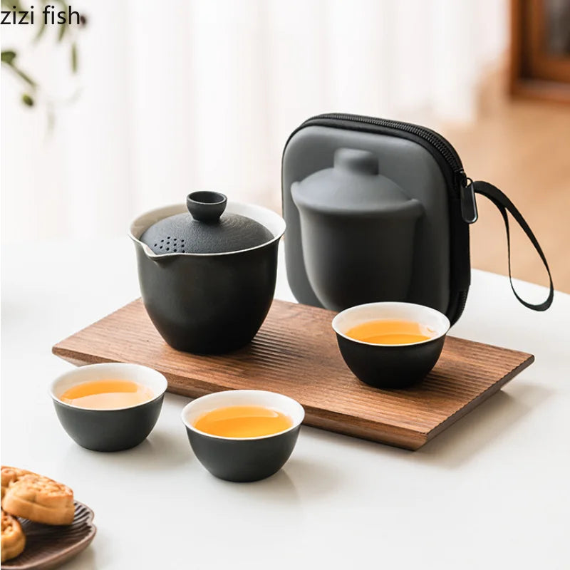 Glass Ceramic Travel Tea Set Portable Outdoor Teas  One Pot Two Cups Teas