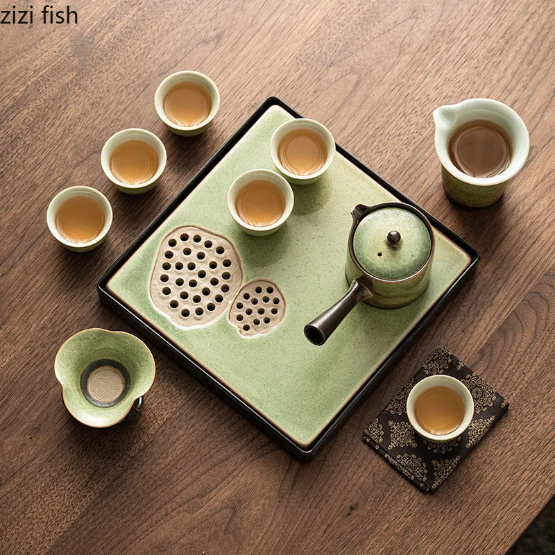 Kiln Transformation Kung Fu Tea Set Green Teapot Teacup Side Handle