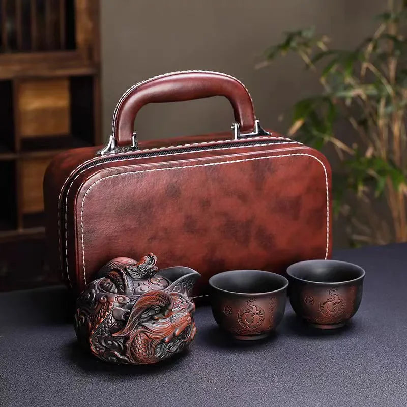 Ceramics Dragon Hand-held Pot Portable Travel Tea Set One Pot and Two Cups Kung Fu