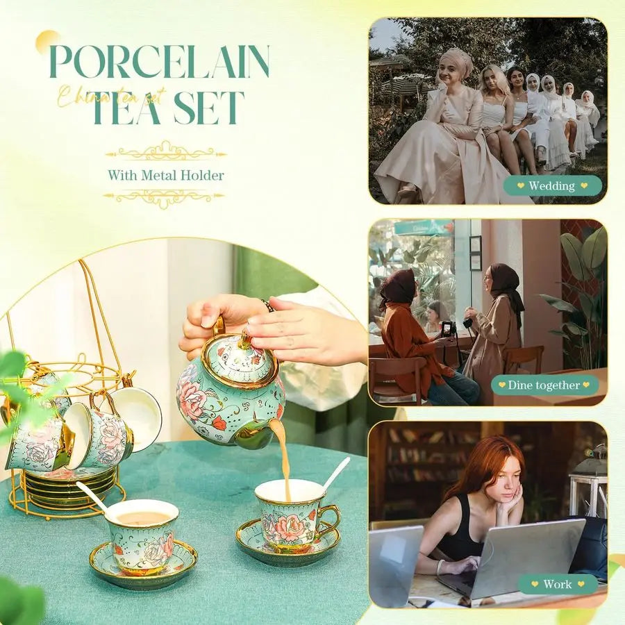 Porcelain Tea Set with Metal Holder