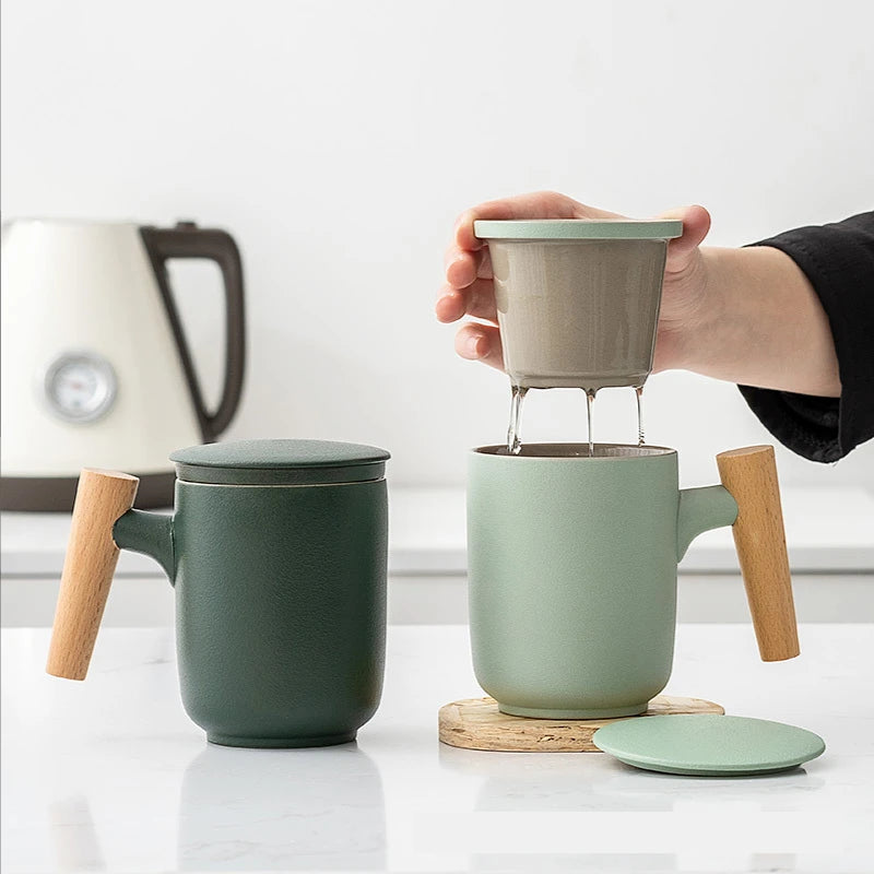 Tea Separation Mug Ceramic Frosted Tea Cup  Wooden Handle Mug With Lid Filtration