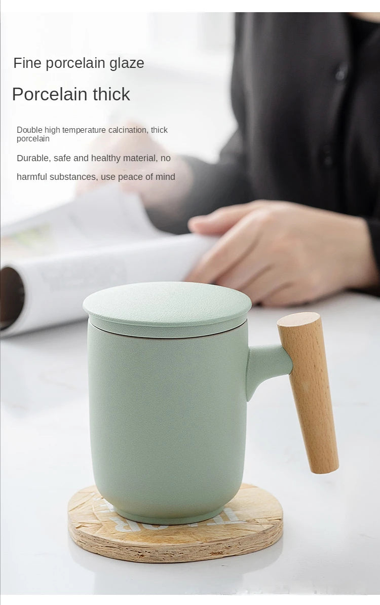 Tea Separation Mug Ceramic Frosted Tea Cup  Wooden Handle Mug With Lid Filtration