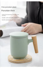 Tea Separation Mug Ceramic Frosted Tea Cup  Wooden Handle Mug With Lid Filtration