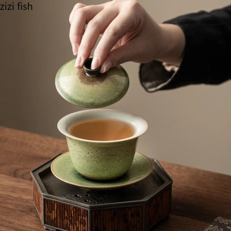 Kiln Transformation Kung Fu Tea Set Green Teapot Teacup Side Handle