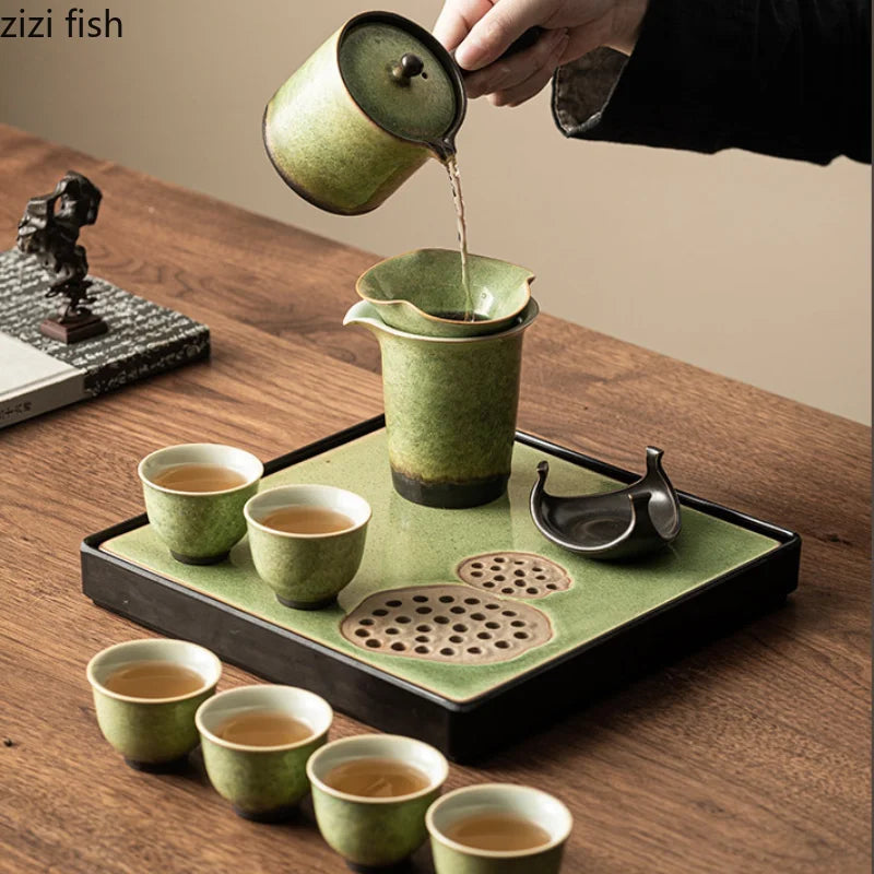 Kiln Transformation Kung Fu Tea Set Green Teapot Teacup Side Handle