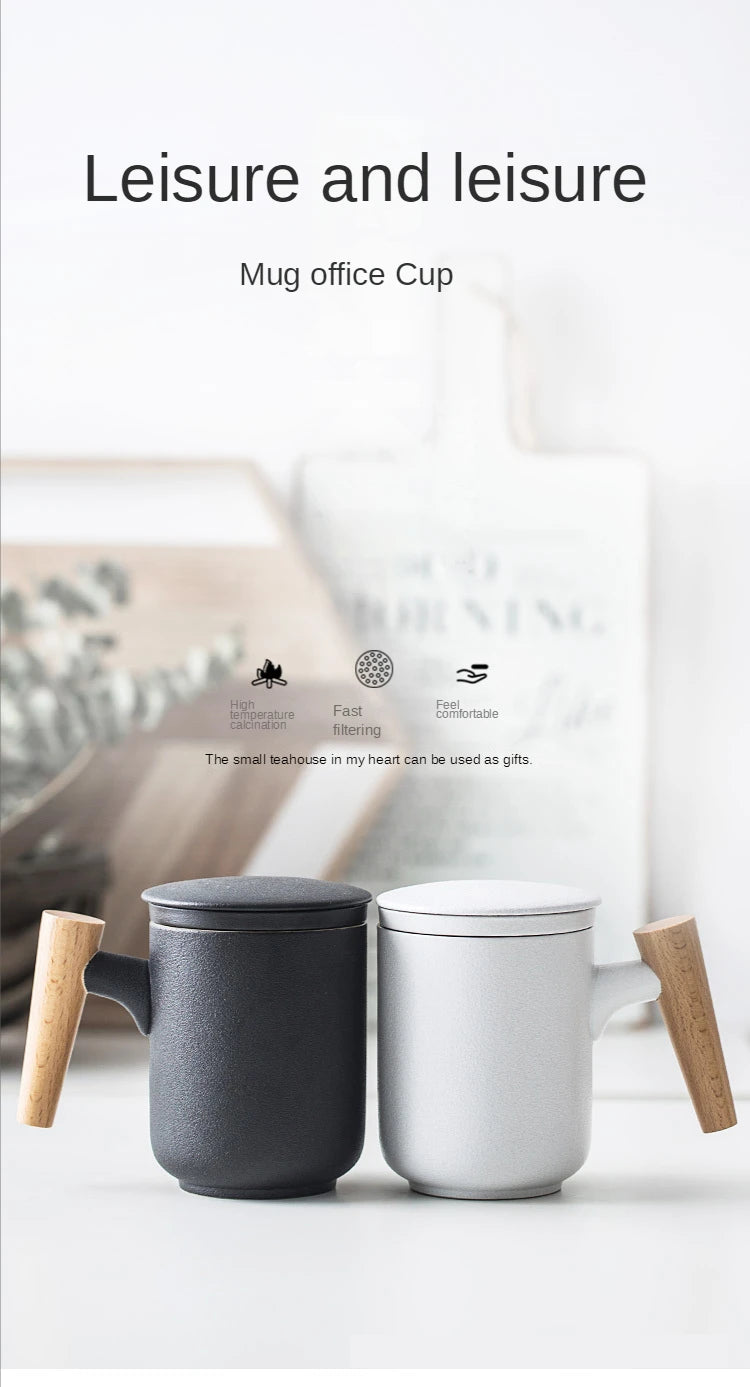 Tea Separation Mug Ceramic Frosted Tea Cup  Wooden Handle Mug With Lid Filtration