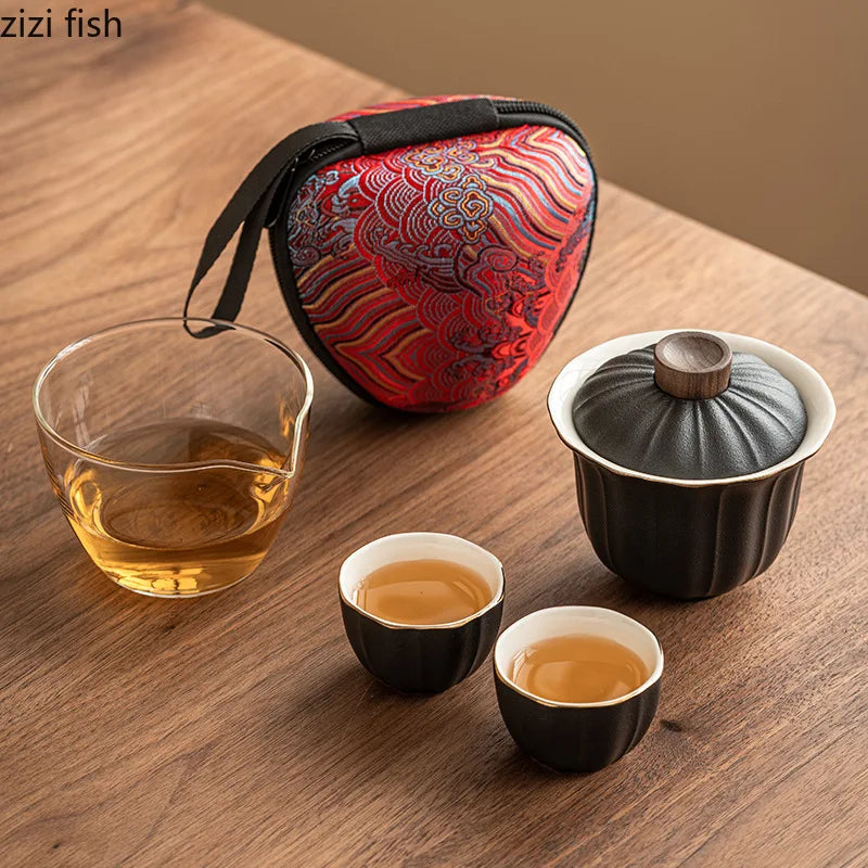 Glass Ceramic Travel Tea Set Portable Outdoor Teas  One Pot Two Cups Teas