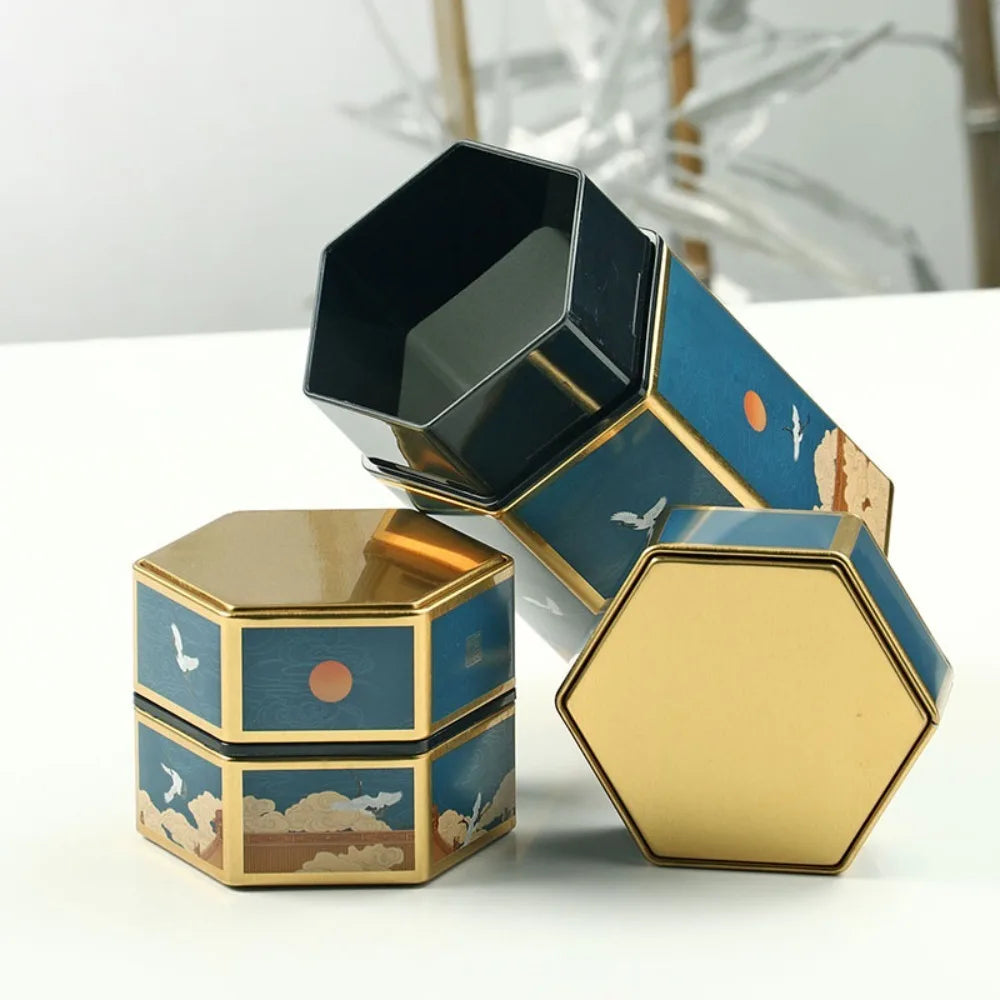 Hexagonal Tea Box Tinplate Tea Storage Tank Small Portable Sealed