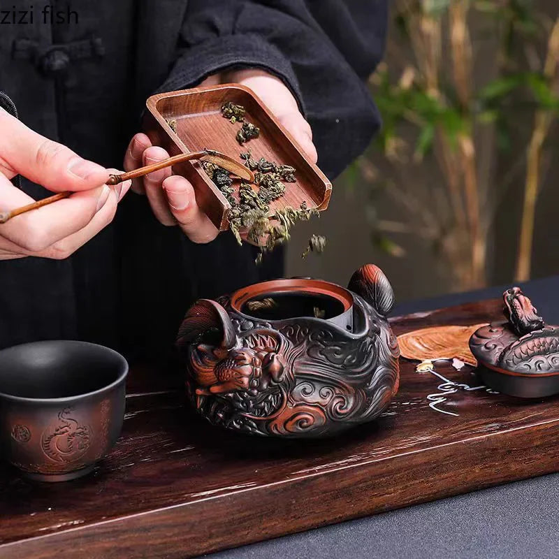 Ceramics Dragon Hand-held Pot Portable Travel Tea Set One Pot and Two Cups Kung Fu