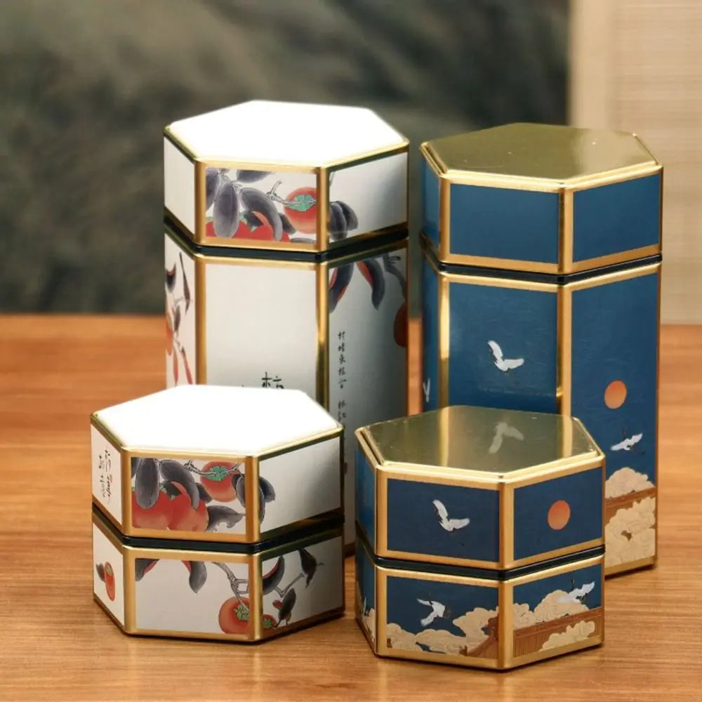 Hexagonal Tea Box Tinplate Tea Storage Tank Small Portable Sealed