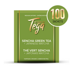 Tega Sencha Green Tea and Japanese Matcha packaging with 100 sachets label on a white background