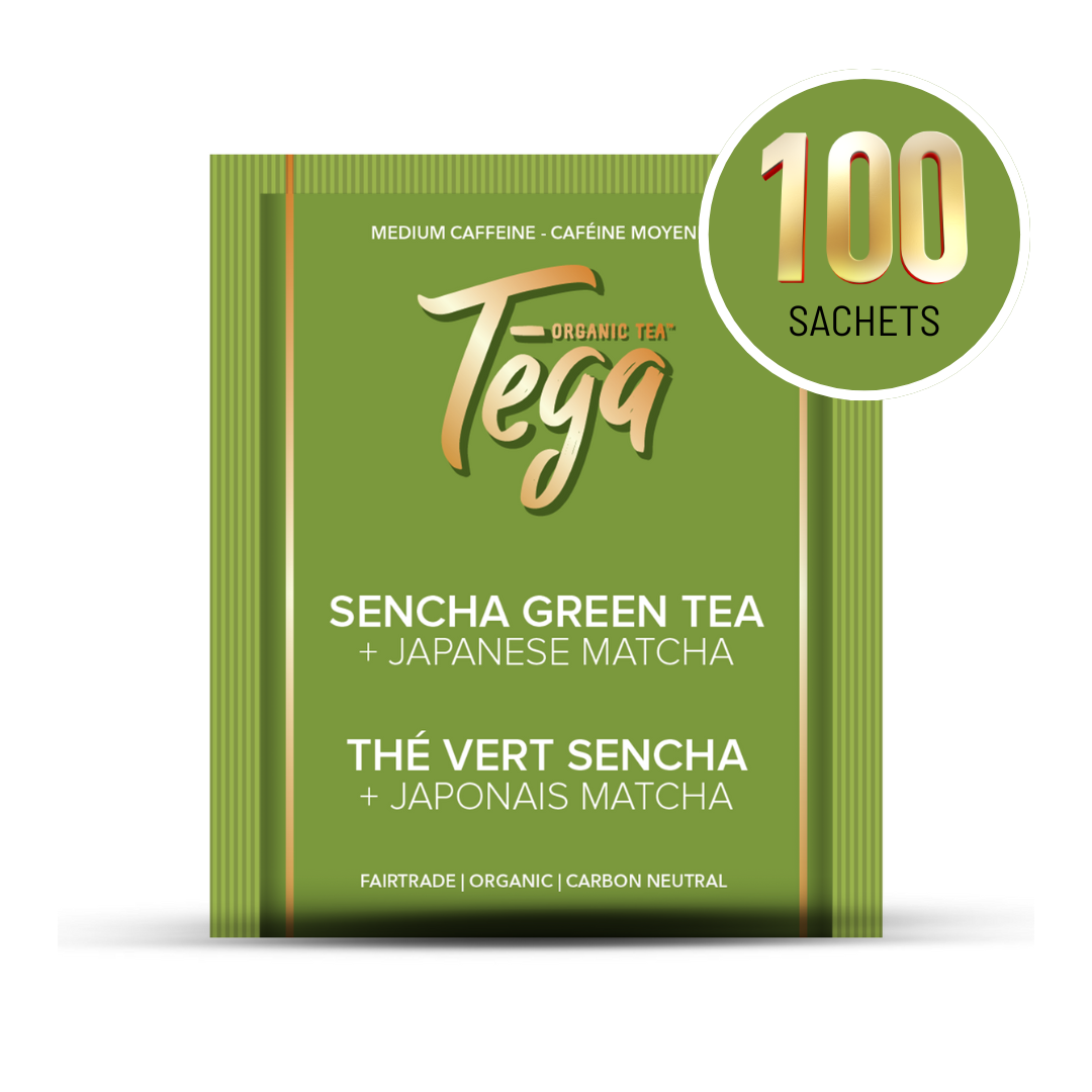 Tega Sencha Green Tea and Japanese Matcha packaging with 100 sachets label on a white background