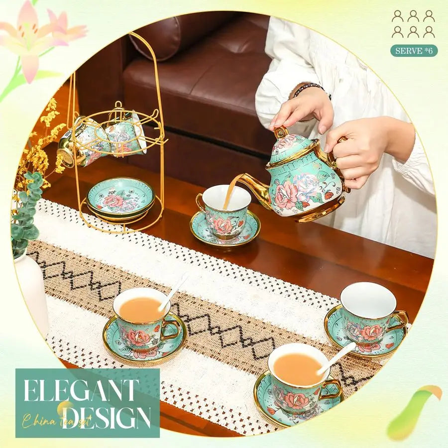 Porcelain Tea Set with Metal Holder