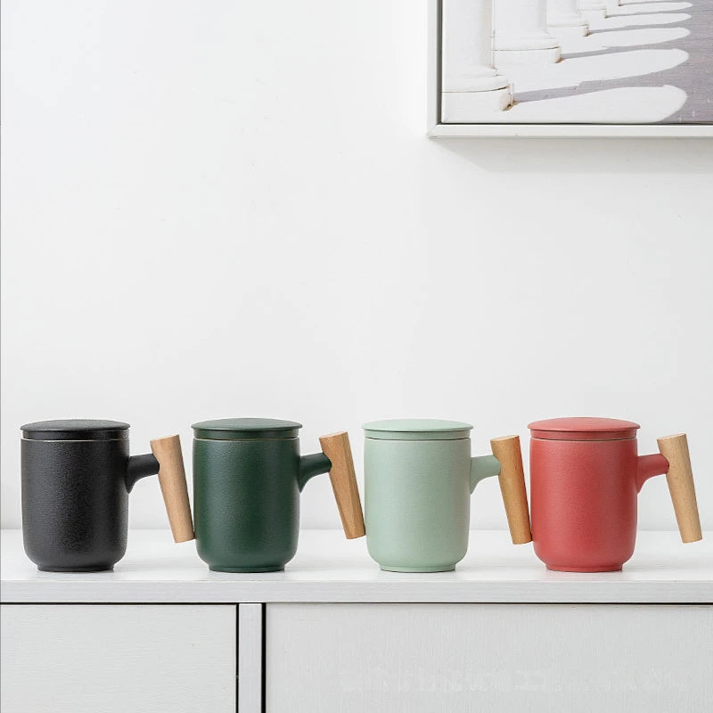 Tea Separation Mug Ceramic Frosted Tea Cup  Wooden Handle Mug With Lid Filtration