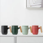 Tea Separation Mug Ceramic Frosted Tea Cup  Wooden Handle Mug With Lid Filtration