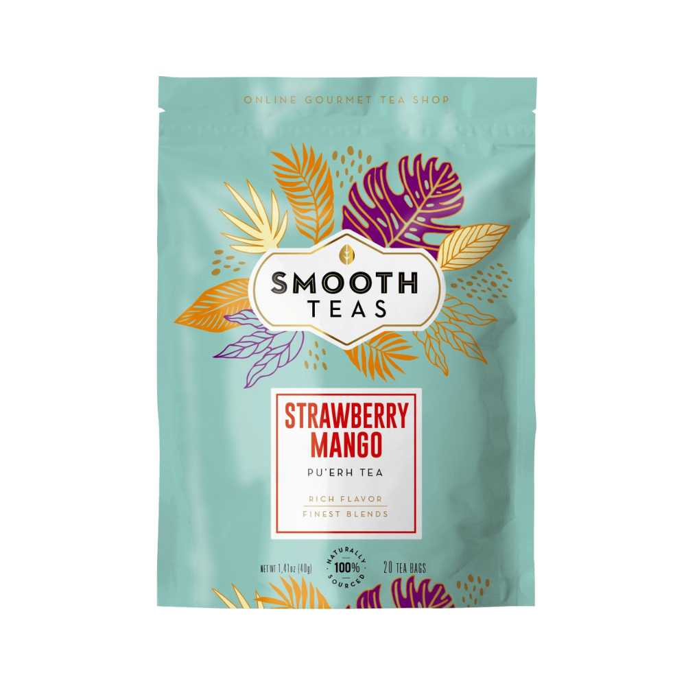 Tea package with colorful leaf designs and 'Smooth Teas' branding on a light blue background