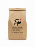 Kraft paper tea bag with Tega Tea branding on a white background