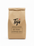 Kraft paper tea bag with Tega Tea branding on a white background