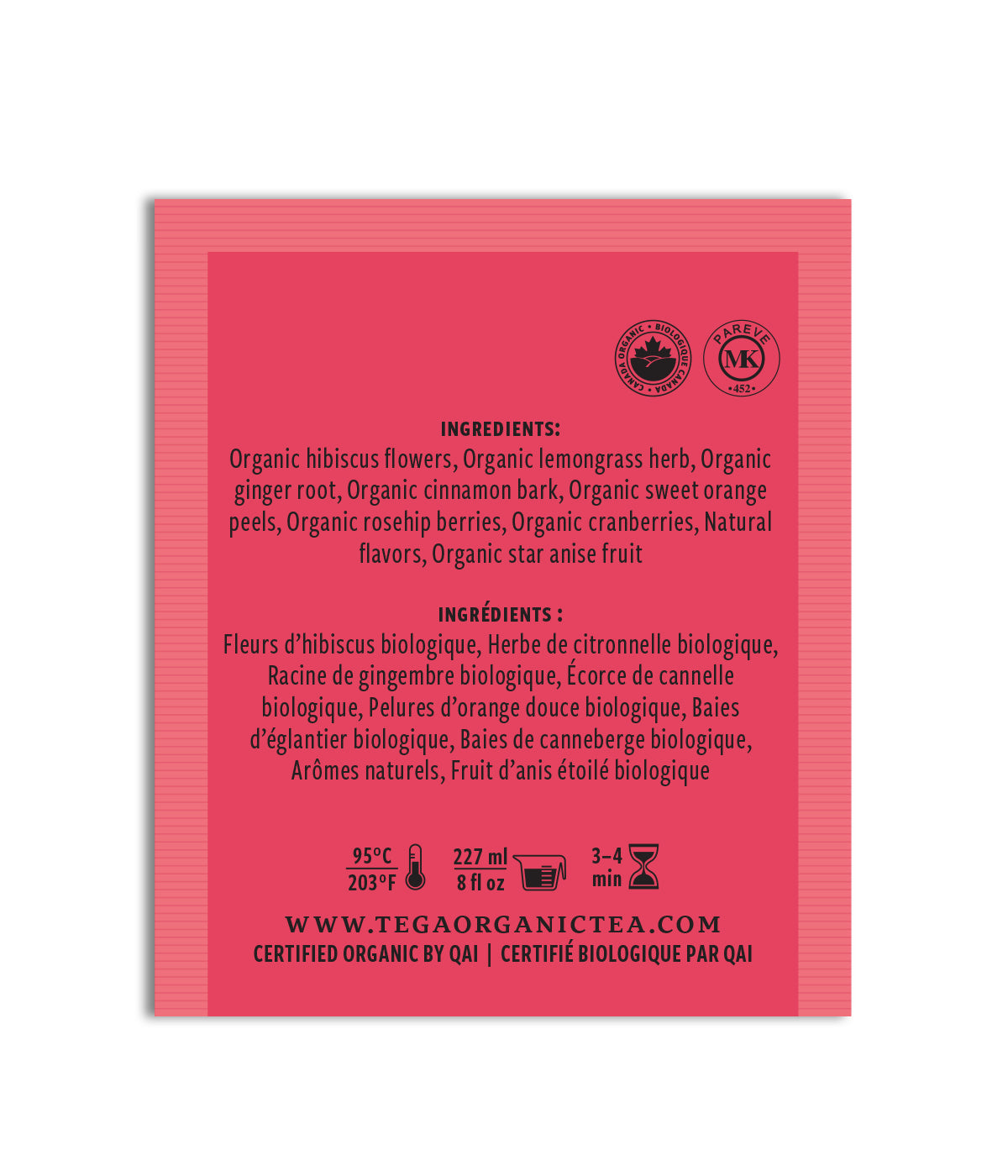 Pink tea bag label with black text on a white background