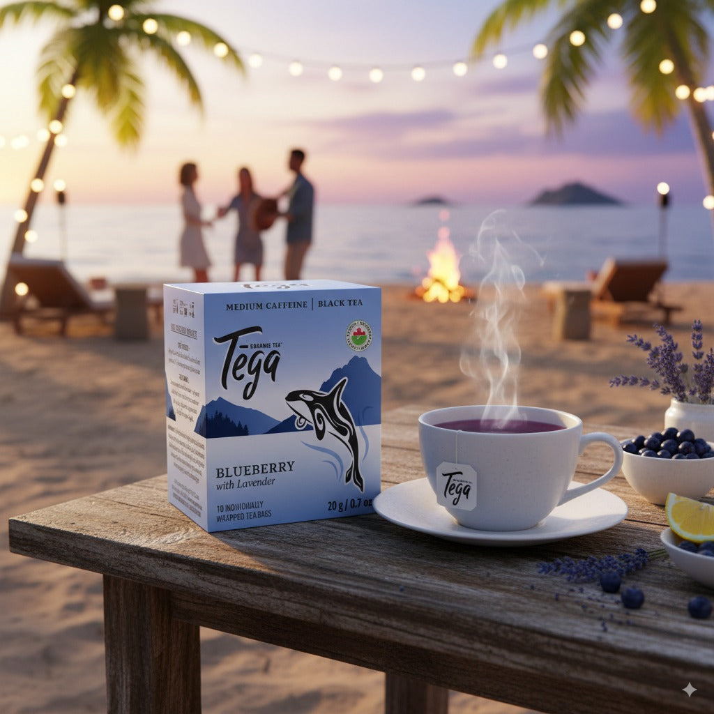Tega tea packaging and cup on a beach table with a sunset background