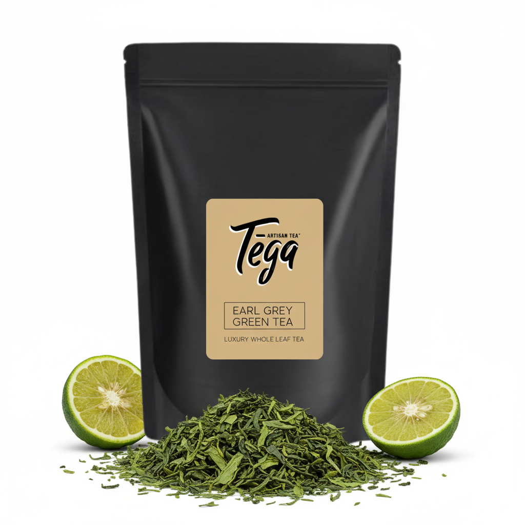 Black tea packaging with 'Tega' brand label, green tea leaves, and limes on a white background