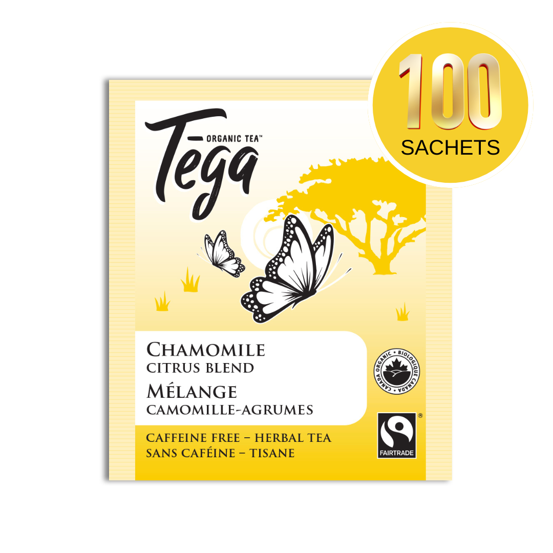 Tega Organic Tea package with chamomile citrus blend on a white background