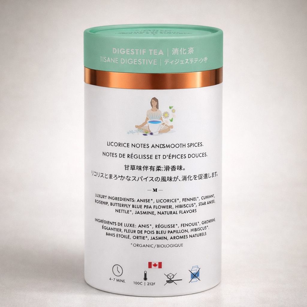 Tea canister with green lid and white body on a light gray background