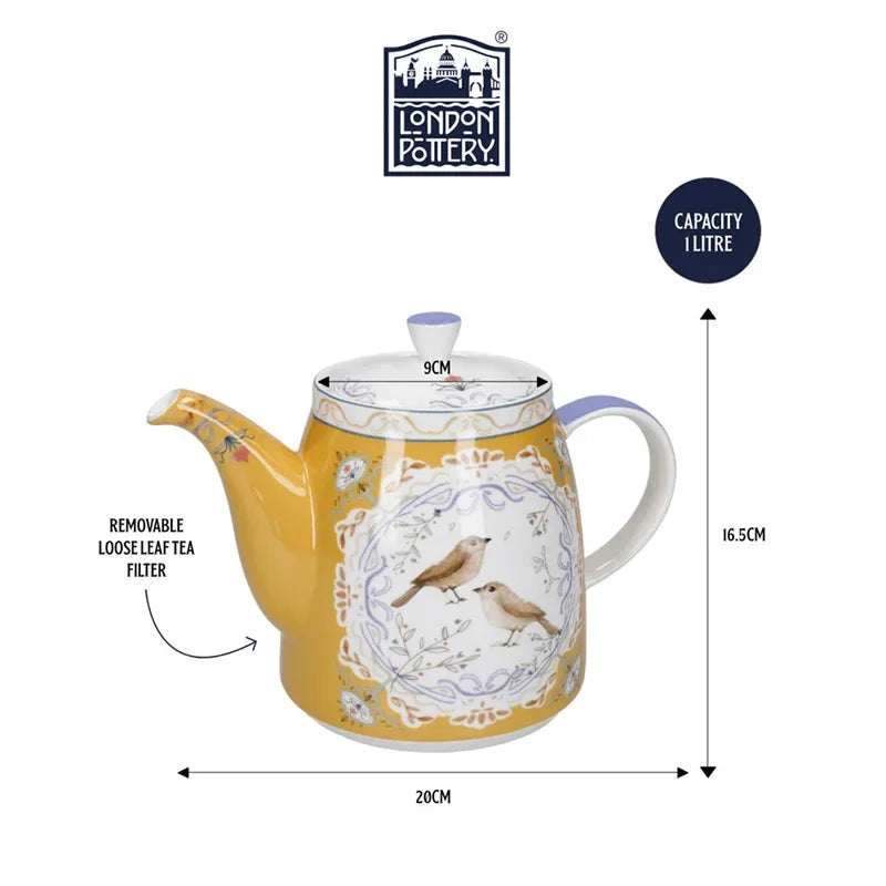 Teapot with bird design and measurement details on a white background, featuring the London Pottery brand.