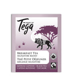 Tega Breakfast Tea package with a purple and white design featuring a lion.