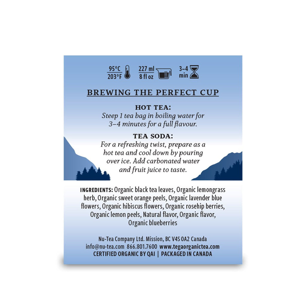 Tea packaging with brewing instructions and ingredient list on a blue background