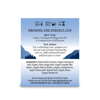 Tea packaging with brewing instructions and ingredient list on a blue background