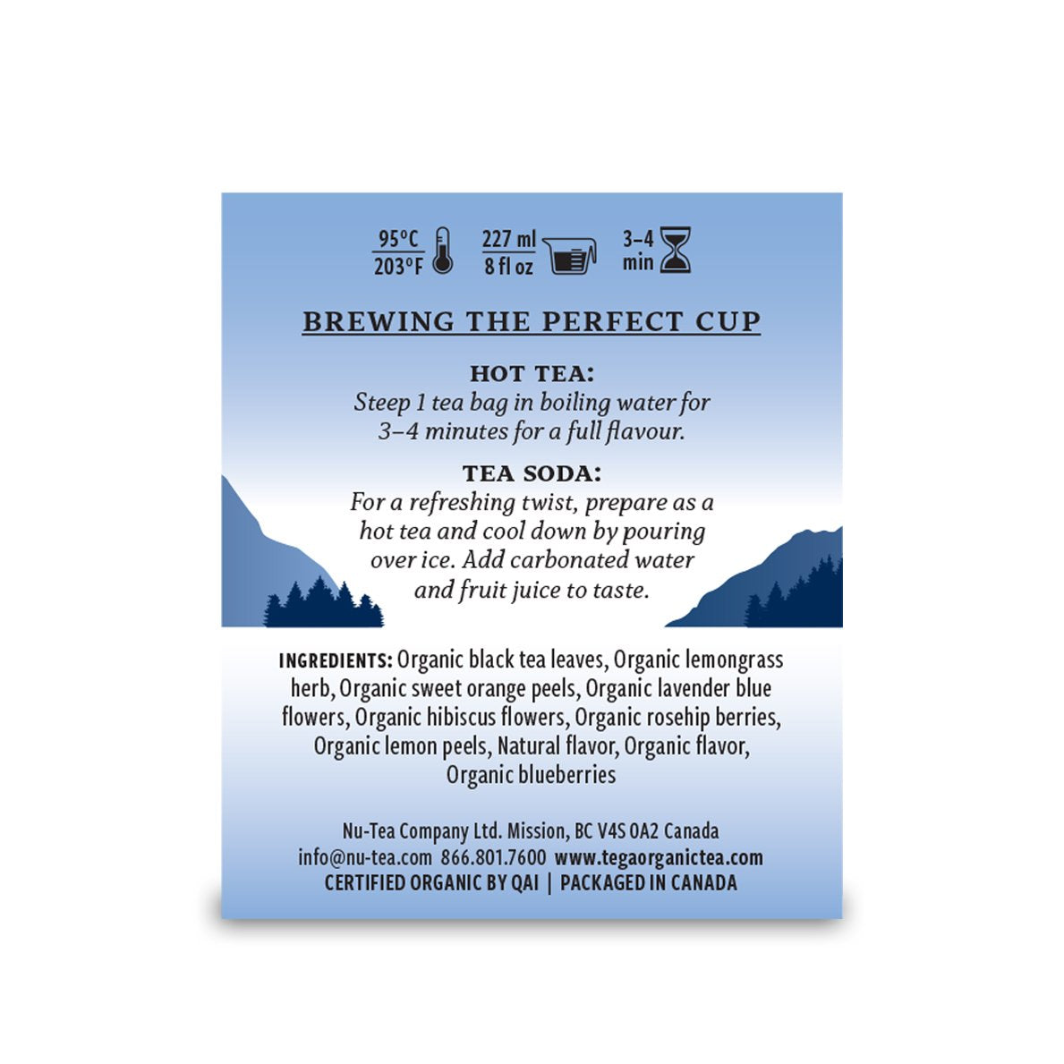 Tea packaging with brewing instructions and ingredient list on a blue background