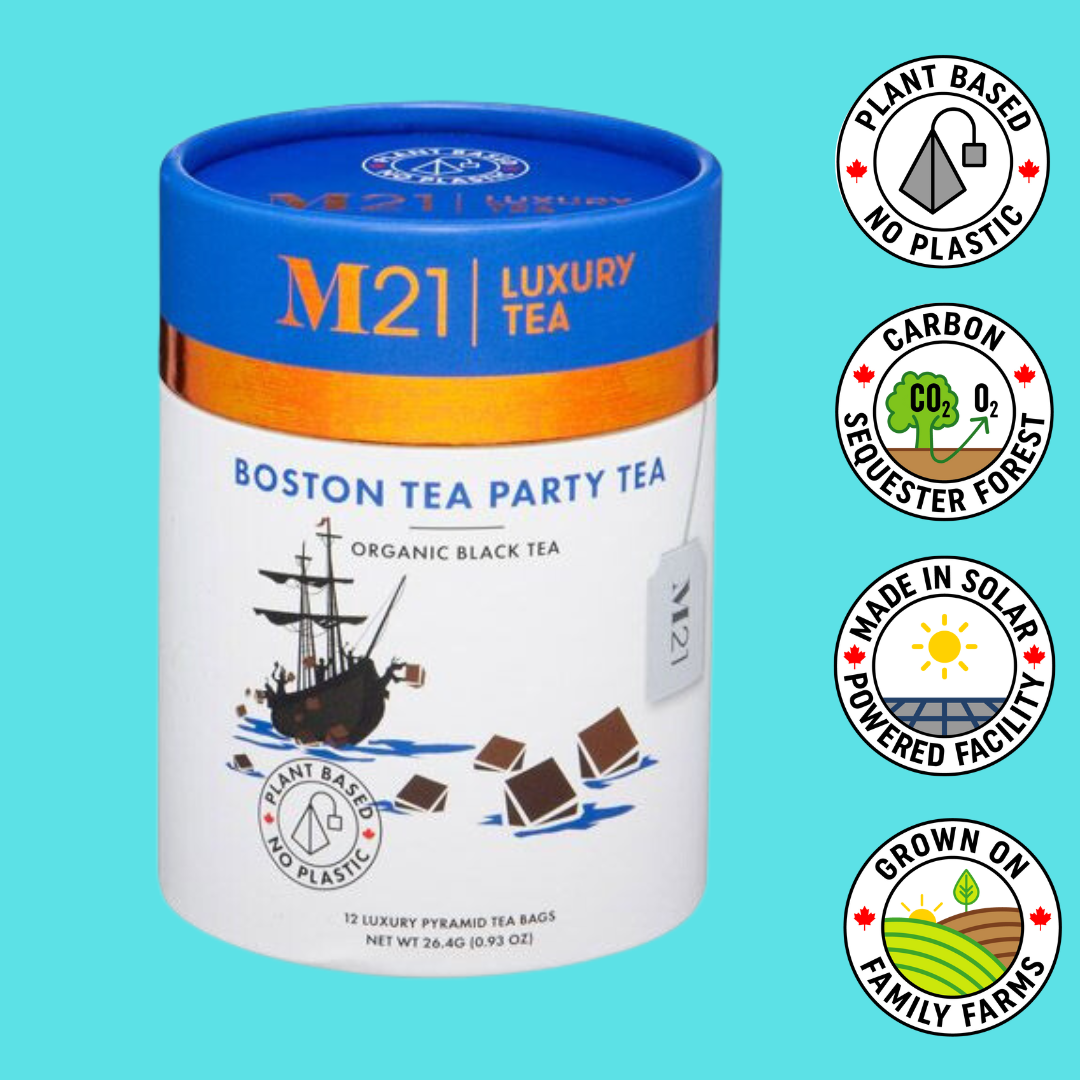 M21 Luxury Tea canister with branding and product details on a blue background