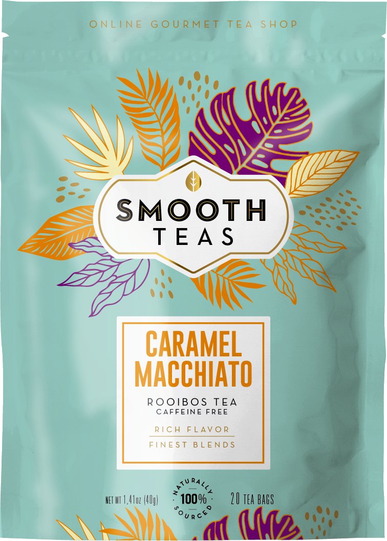 Smooth Teas Caramel Macchiato tea package with colorful leaf designs on a light blue background