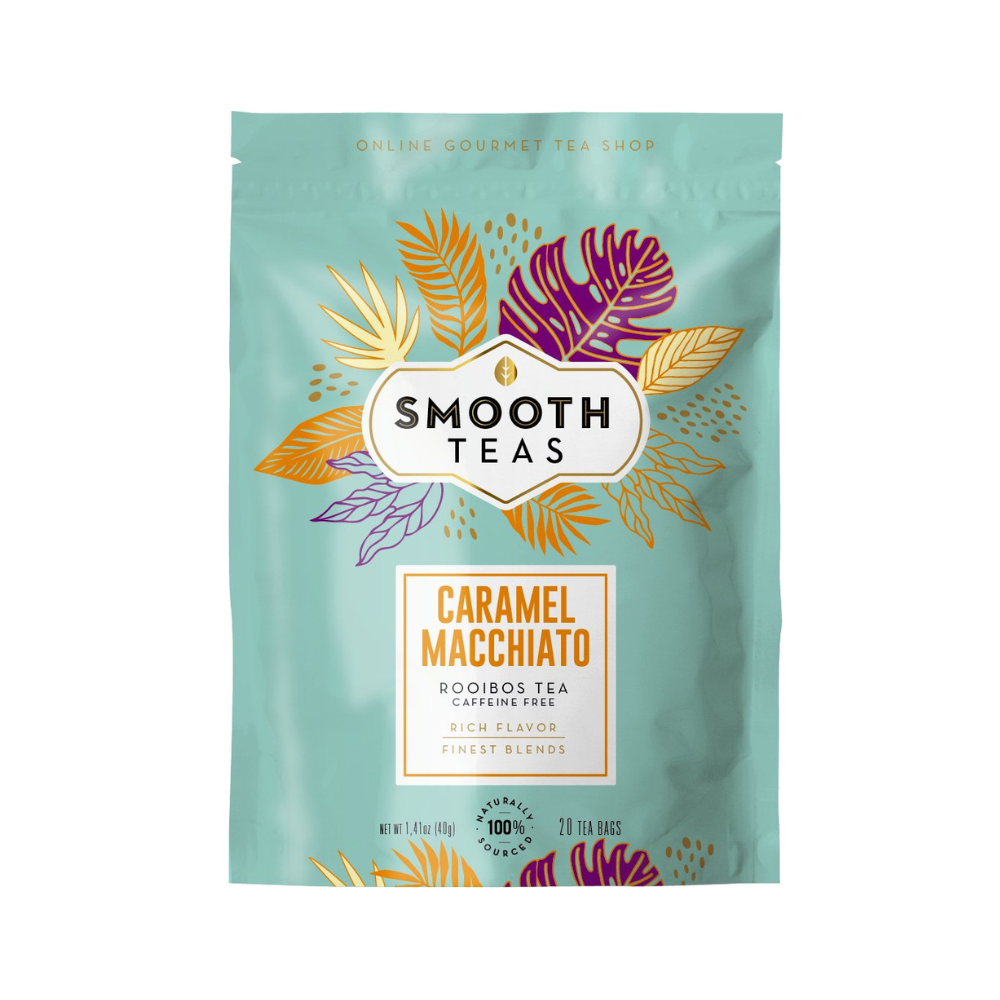 Packaging of Smooth Teas Caramel Macchiato Rooibos Tea with colorful leaf designs on a light blue background.