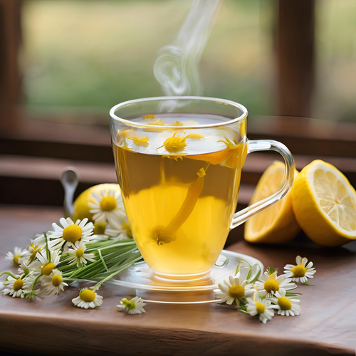 Steaming cup of lemon chamomile tea on a wooden table with lemons and flowers.