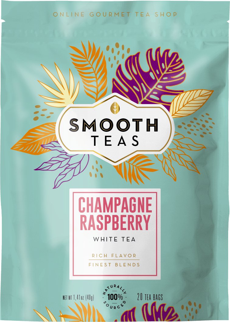 Packaging of Smooth Teas Champagne Raspberry white tea with decorative leaves on a light blue background.