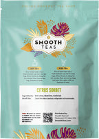 Tea package with 'Smooth Teas' branding and colorful leaf designs on a light blue background.