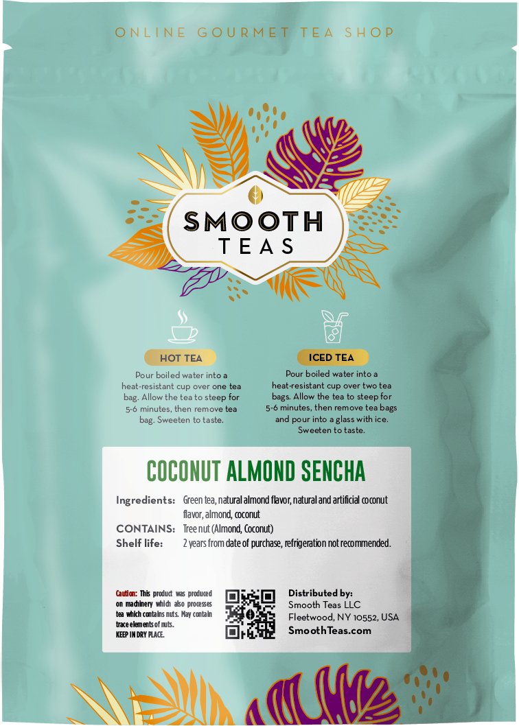 Tea package from Smooth Teas with colorful leaf designs on a teal background